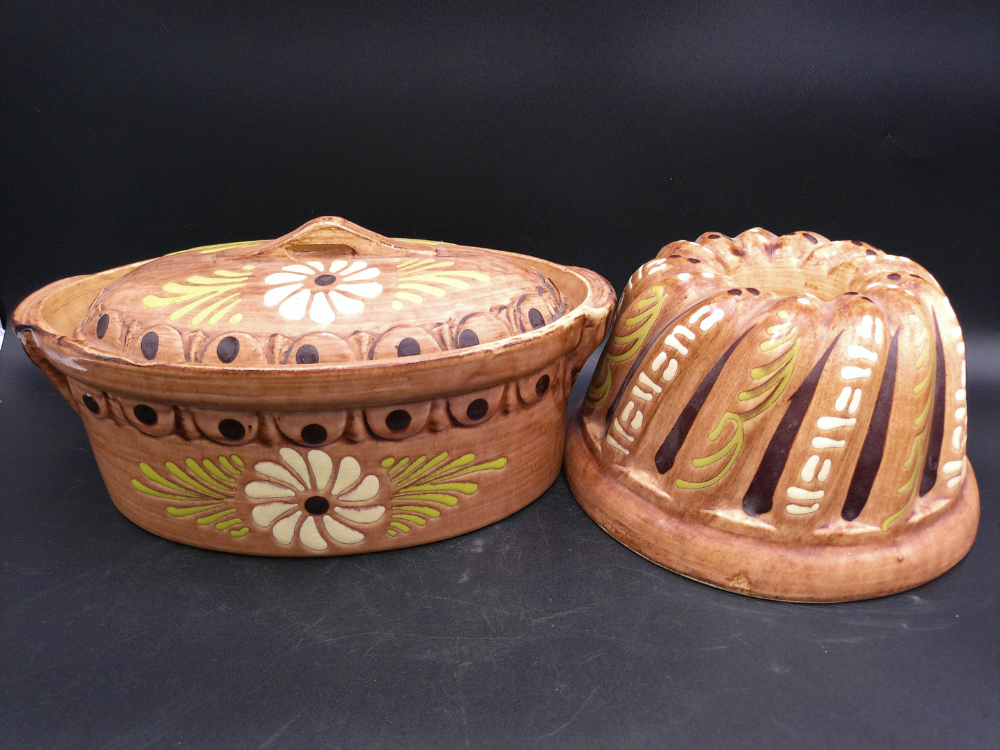 Pottery  French Ceramic Round Baking Mold, Beige Brown Glazed Terracotta Cake Pan