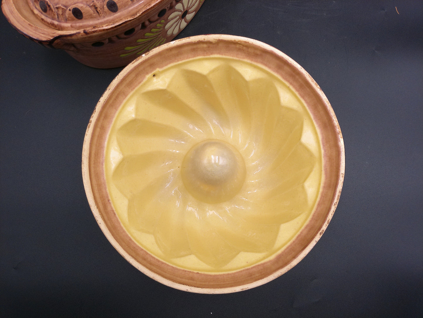Pottery  French Ceramic Round Baking Mold, Beige Brown Glazed Terracotta Cake Pan