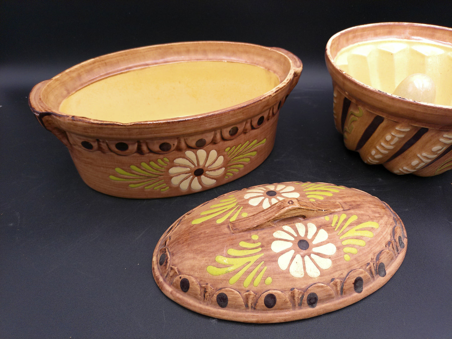 Pottery  French Ceramic Round Baking Mold, Beige Brown Glazed Terracotta Cake Pan