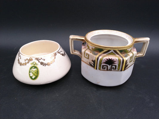 Roseville 1910’s Pottery Creamer and Nippon Sugar Bowl Geometric Gold Green w Palm Trees