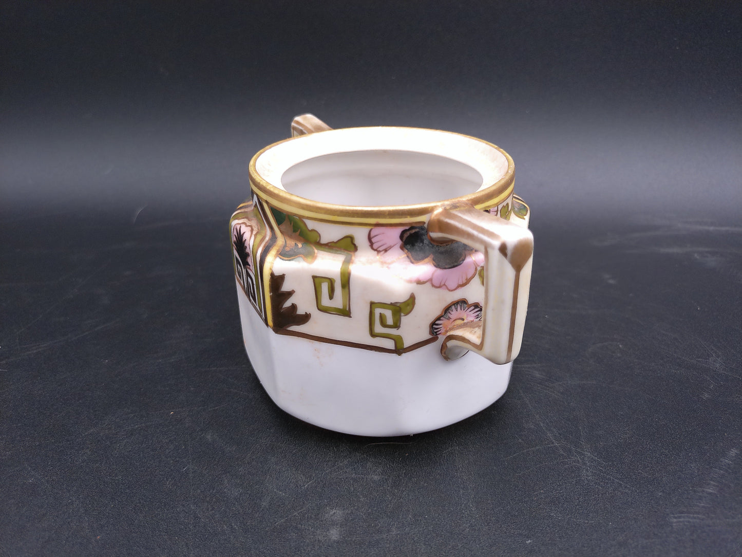 Roseville 1910’s Pottery Creamer and Nippon Sugar Bowl Geometric Gold Green w Palm Trees
