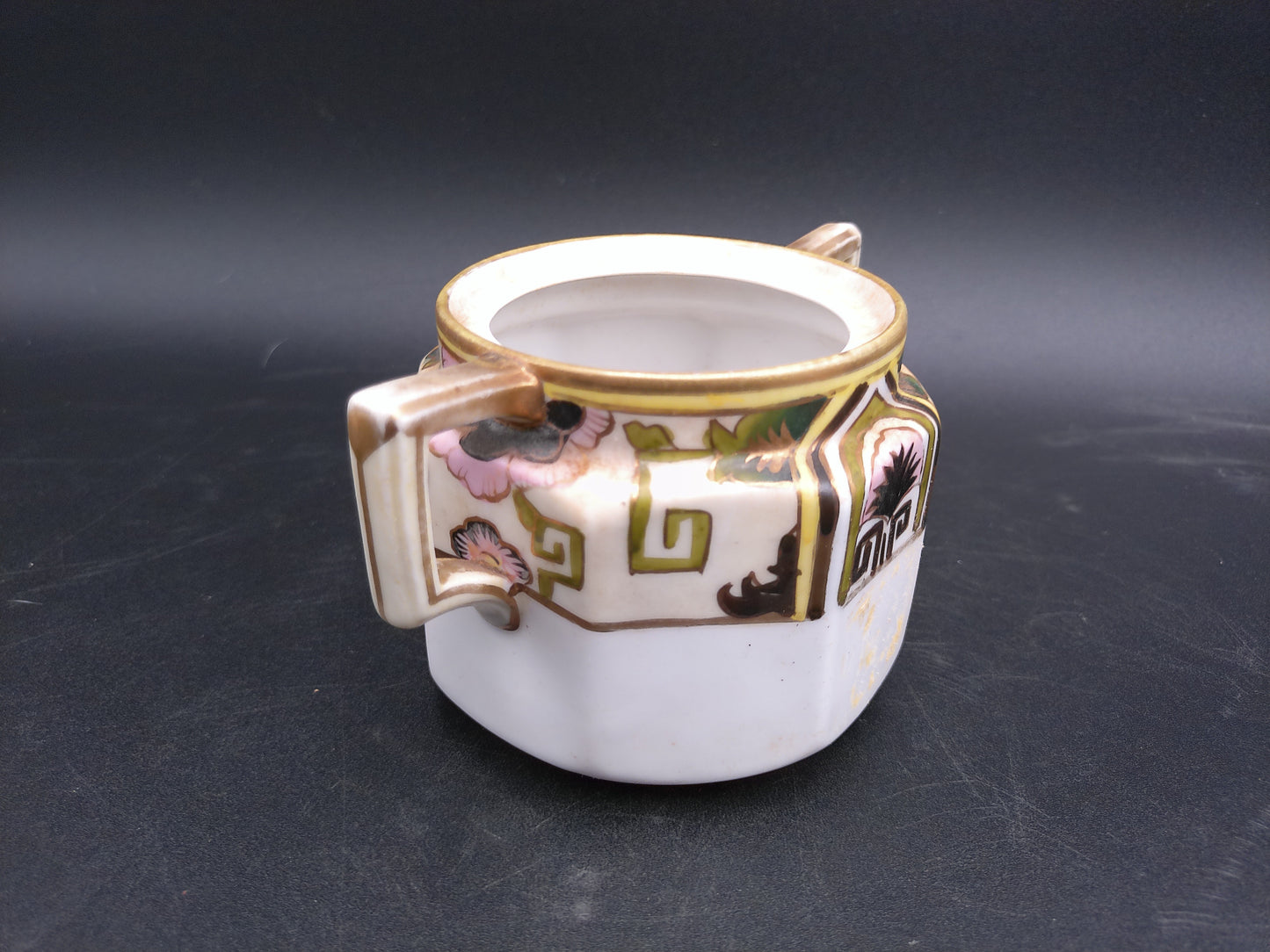 Roseville 1910’s Pottery Creamer and Nippon Sugar Bowl Geometric Gold Green w Palm Trees