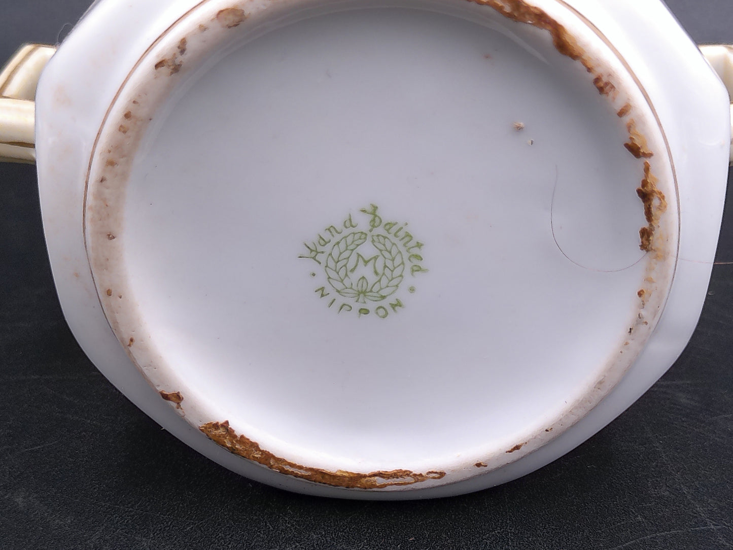 Roseville 1910’s Pottery Creamer and Nippon Sugar Bowl Geometric Gold Green w Palm Trees