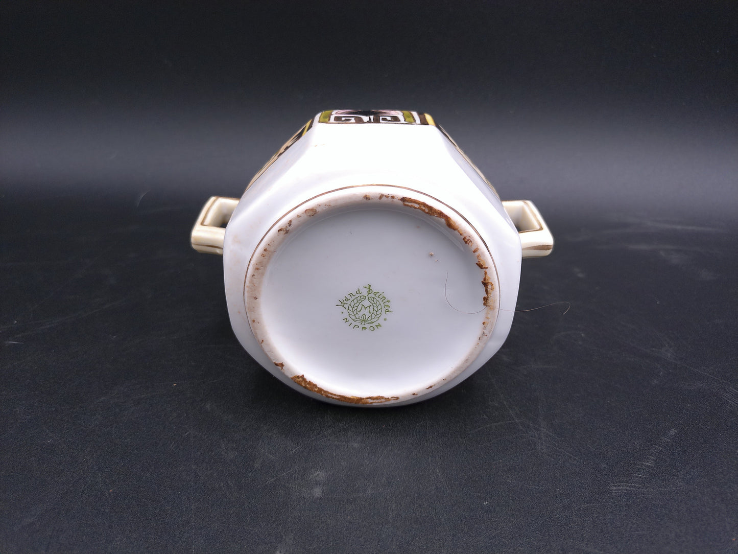 Roseville 1910’s Pottery Creamer and Nippon Sugar Bowl Geometric Gold Green w Palm Trees