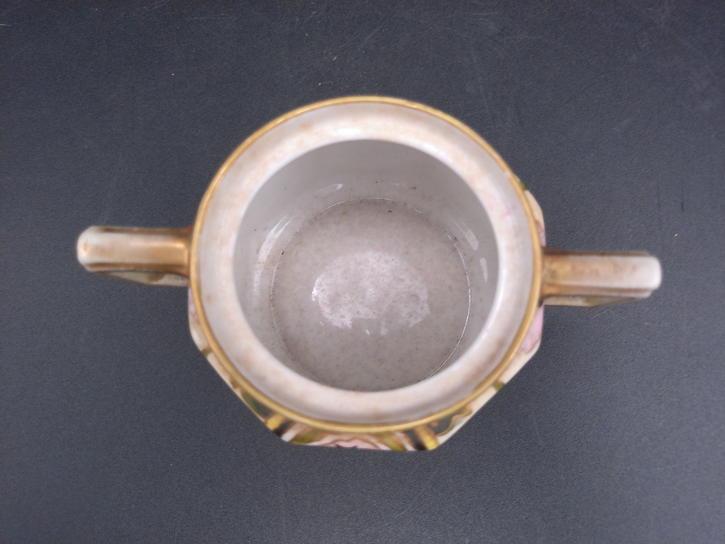 Roseville 1910’s Pottery Creamer and Nippon Sugar Bowl Geometric Gold Green w Palm Trees