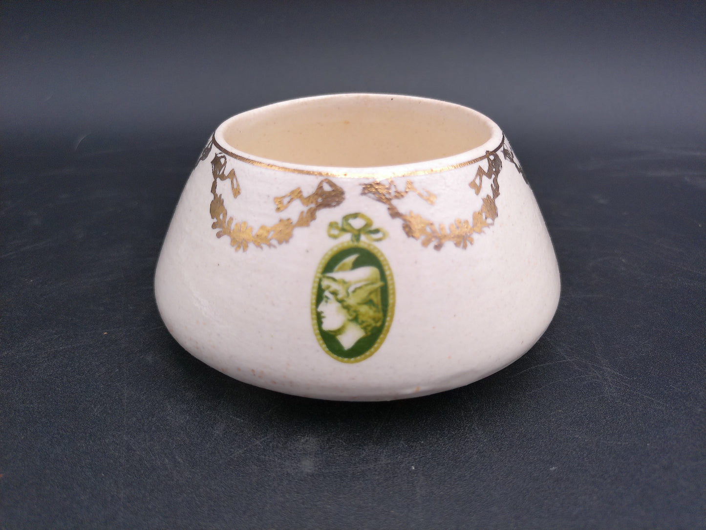 Roseville 1910’s Pottery Creamer and Nippon Sugar Bowl Geometric Gold Green w Palm Trees