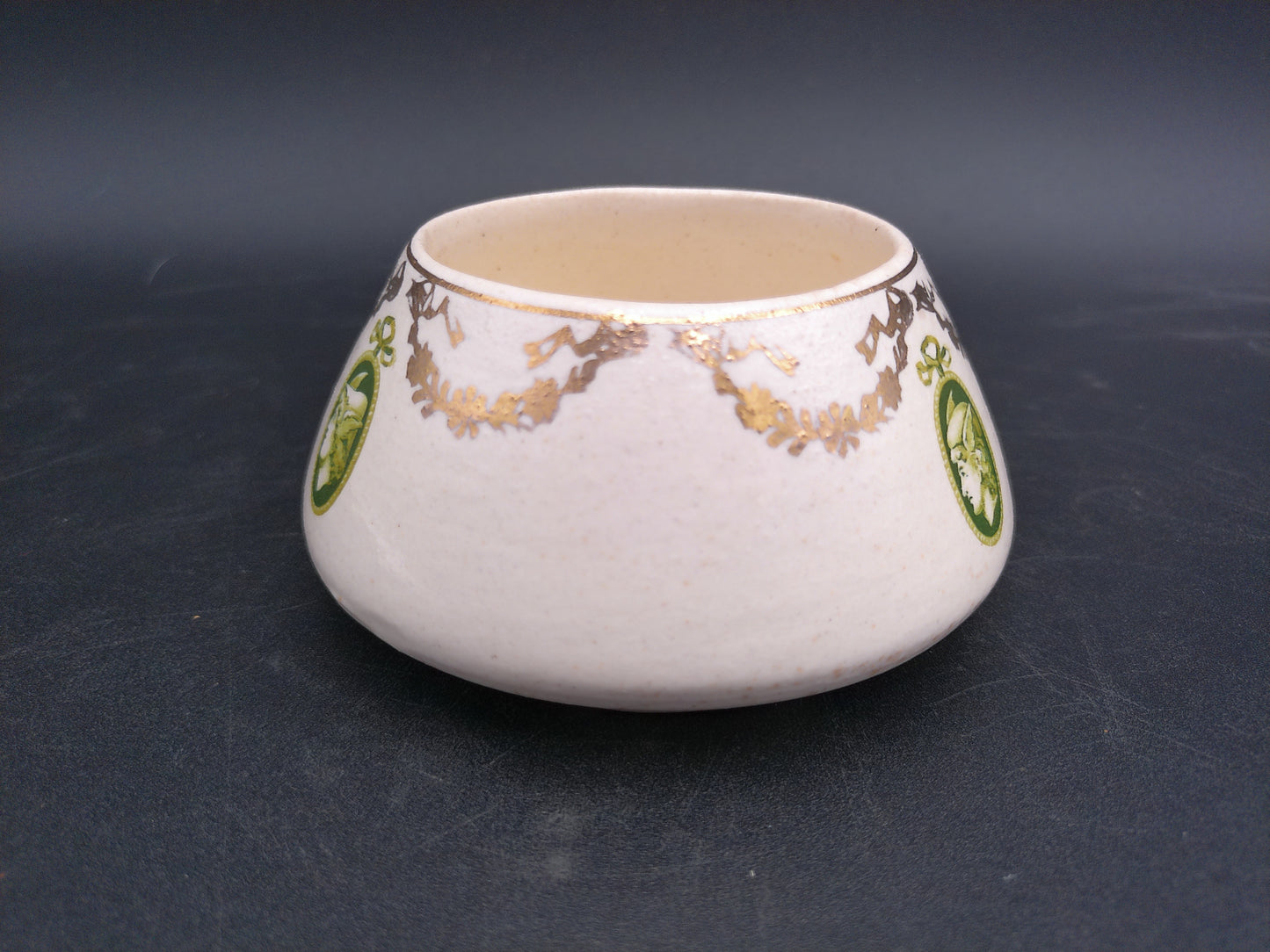 Roseville 1910’s Pottery Creamer and Nippon Sugar Bowl Geometric Gold Green w Palm Trees