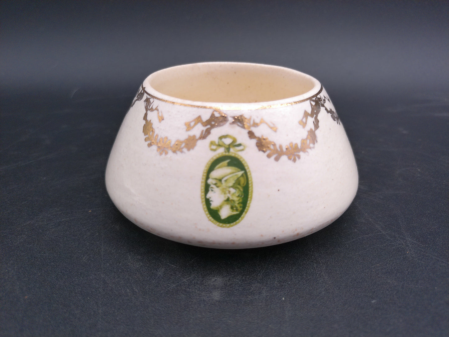 Roseville 1910’s Pottery Creamer and Nippon Sugar Bowl Geometric Gold Green w Palm Trees