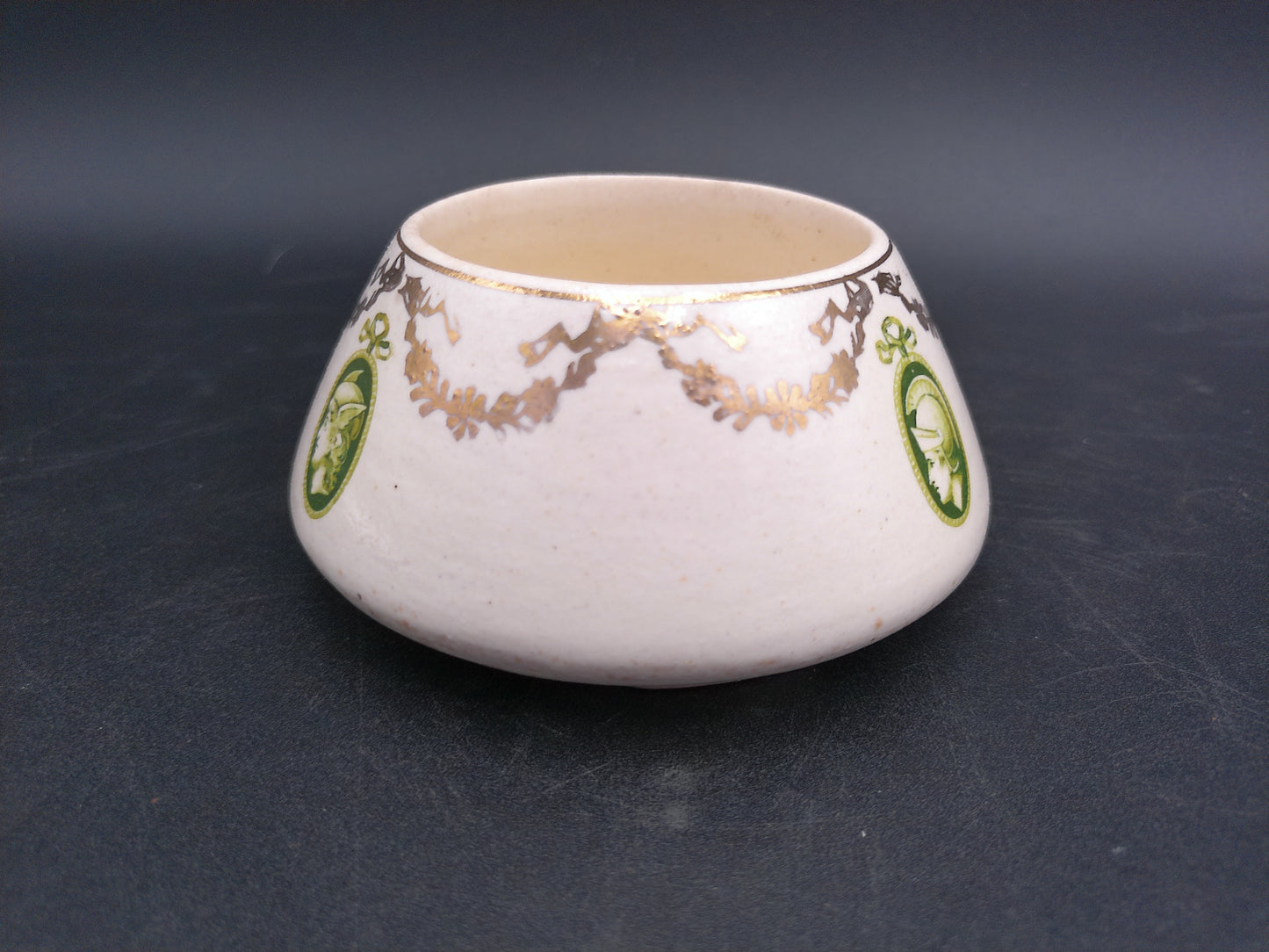 Roseville 1910’s Pottery Creamer and Nippon Sugar Bowl Geometric Gold Green w Palm Trees