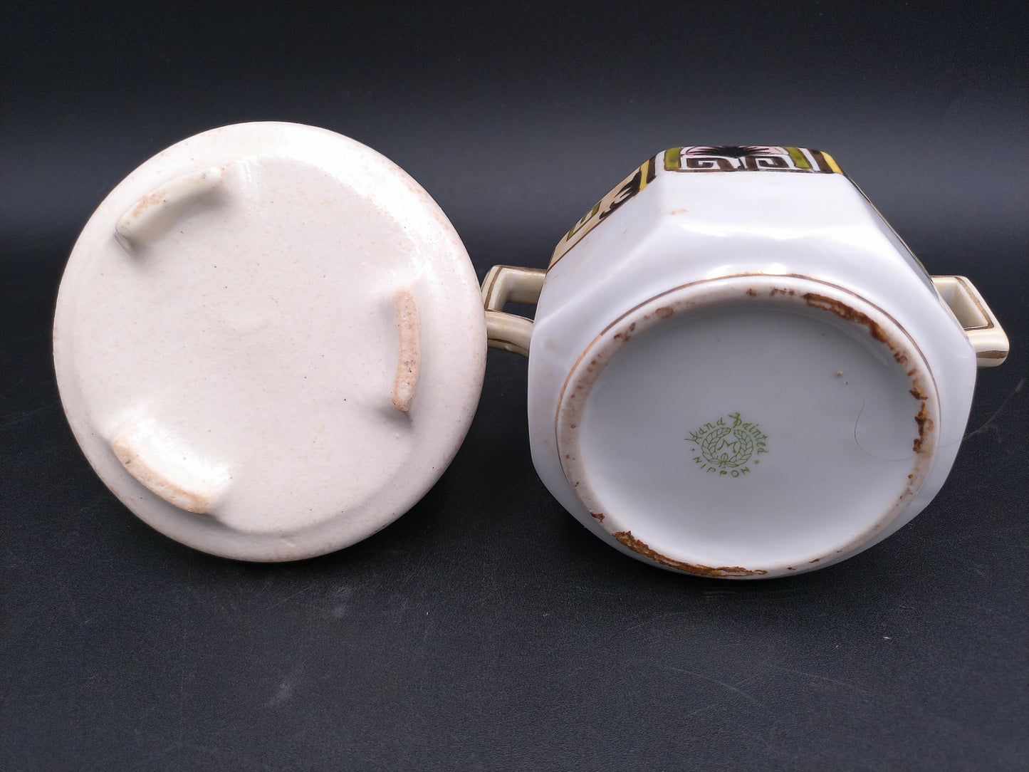 Roseville 1910’s Pottery Creamer and Nippon Sugar Bowl Geometric Gold Green w Palm Trees
