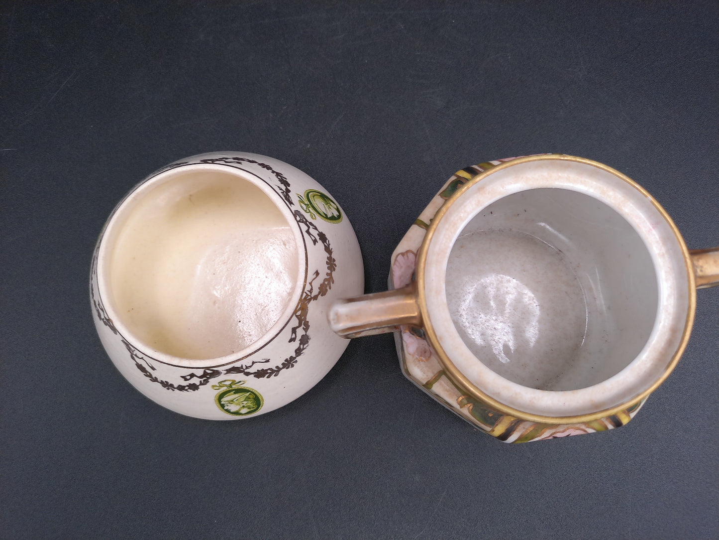 Roseville 1910’s Pottery Creamer and Nippon Sugar Bowl Geometric Gold Green w Palm Trees