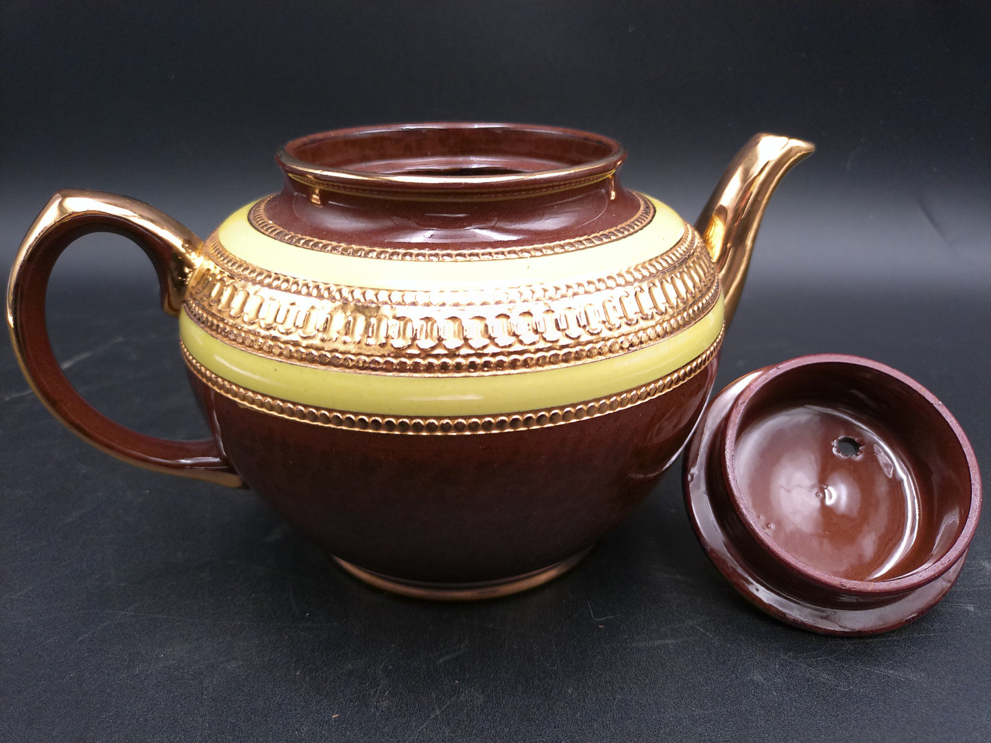 Pottery Made by Sadler in England Teapot  Brown Pink and Gold Stafford England