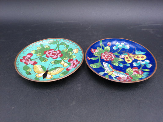 Cloisonné Trinket Dish Floral Design  2.75” Blue & Gold Enamel Lot of 2 miniature Plate