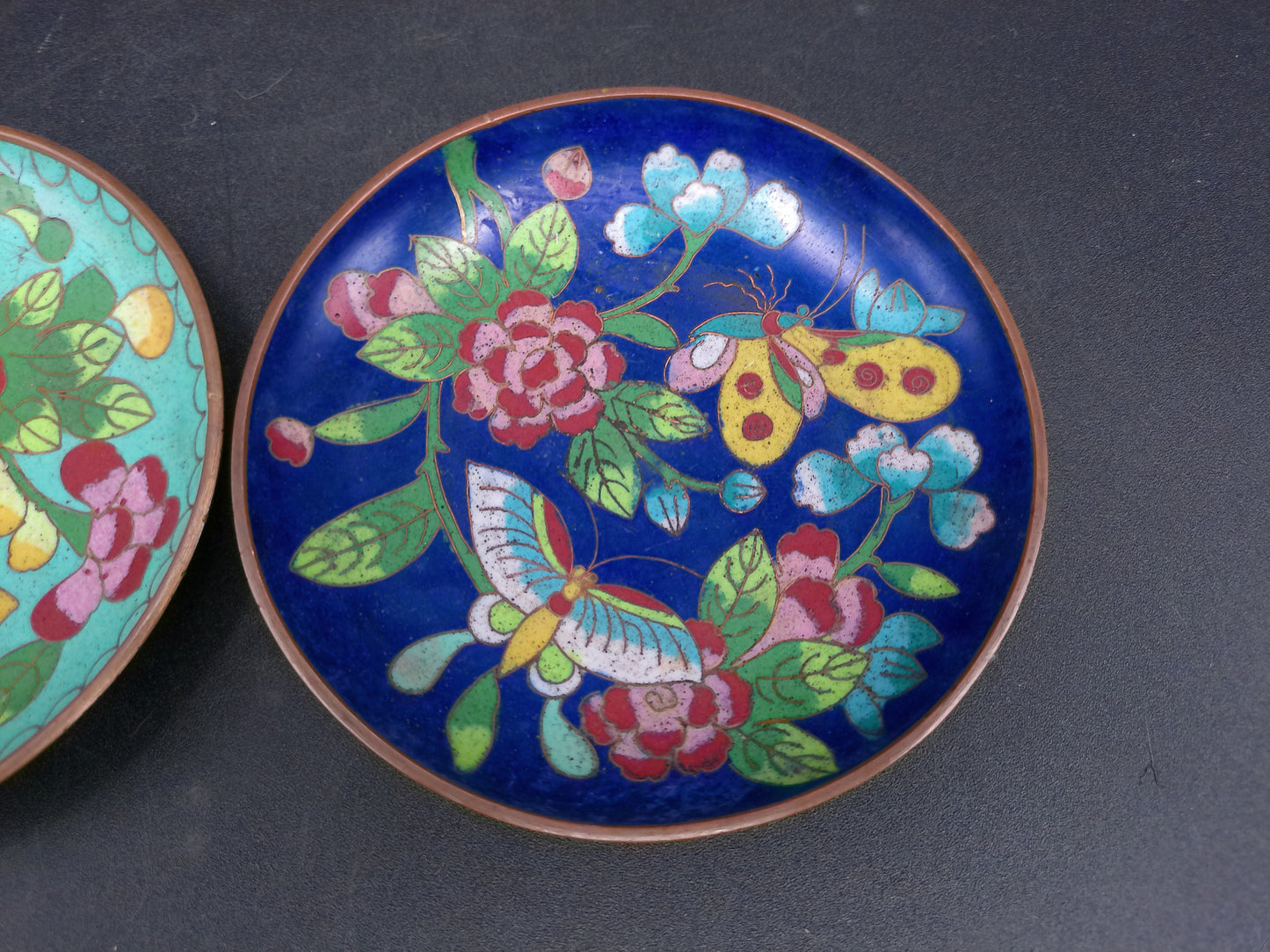 Cloisonné Trinket Dish Floral Design  2.75” Blue & Gold Enamel Lot of 2 miniature Plate