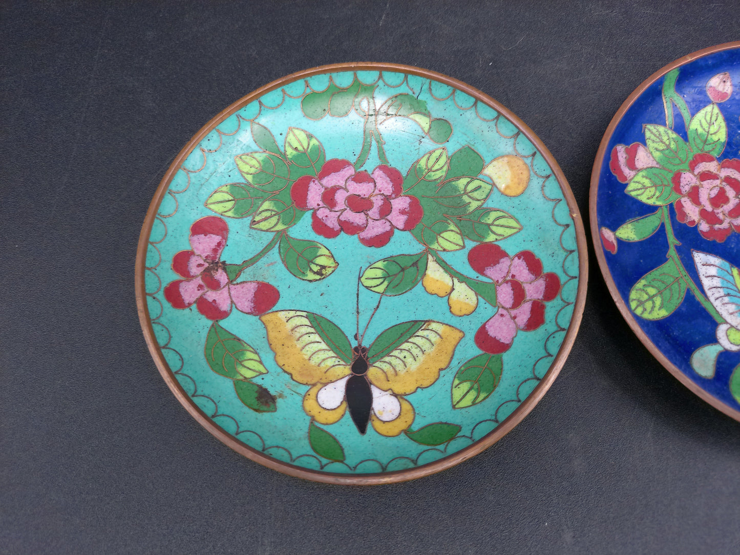 Cloisonné Trinket Dish Floral Design  2.75” Blue & Gold Enamel Lot of 2 miniature Plate