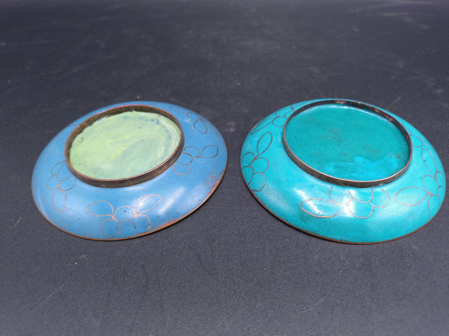 Cloisonné Trinket Dish Floral Design  2.75” Blue & Gold Enamel Lot of 2 miniature Plate
