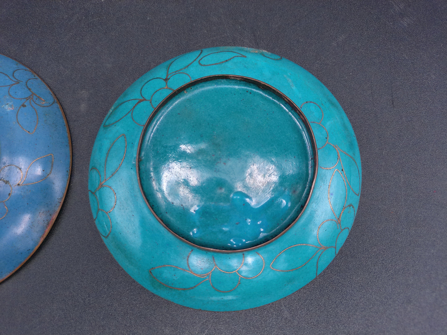 Cloisonné Trinket Dish Floral Design  2.75” Blue & Gold Enamel Lot of 2 miniature Plate