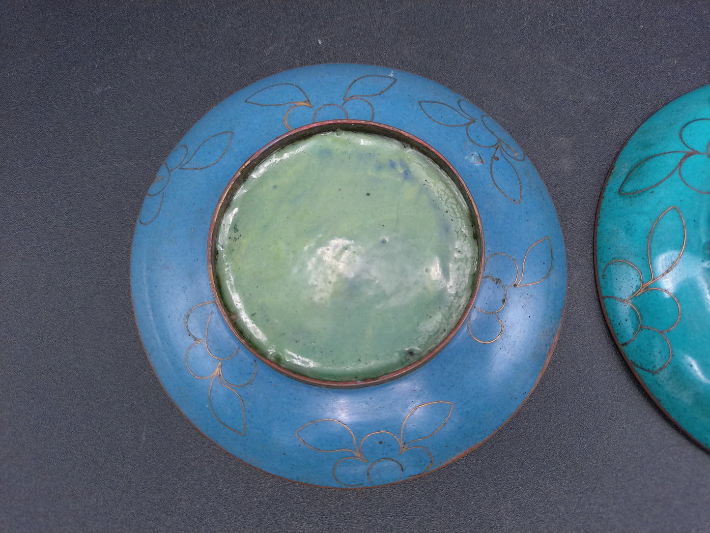 Cloisonné Trinket Dish Floral Design  2.75” Blue & Gold Enamel Lot of 2 miniature Plate