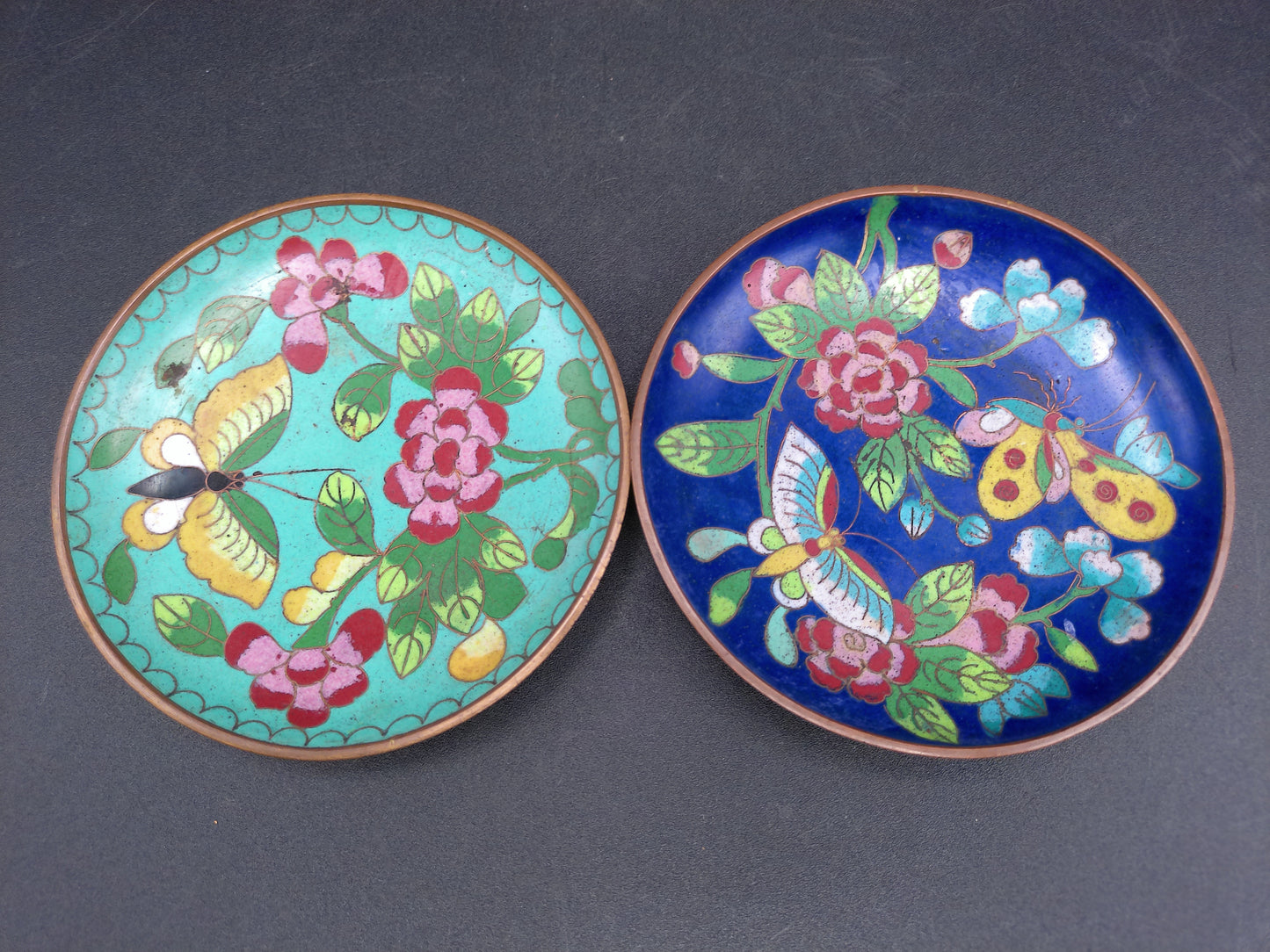 Cloisonné Trinket Dish Floral Design  2.75” Blue & Gold Enamel Lot of 2 miniature Plate