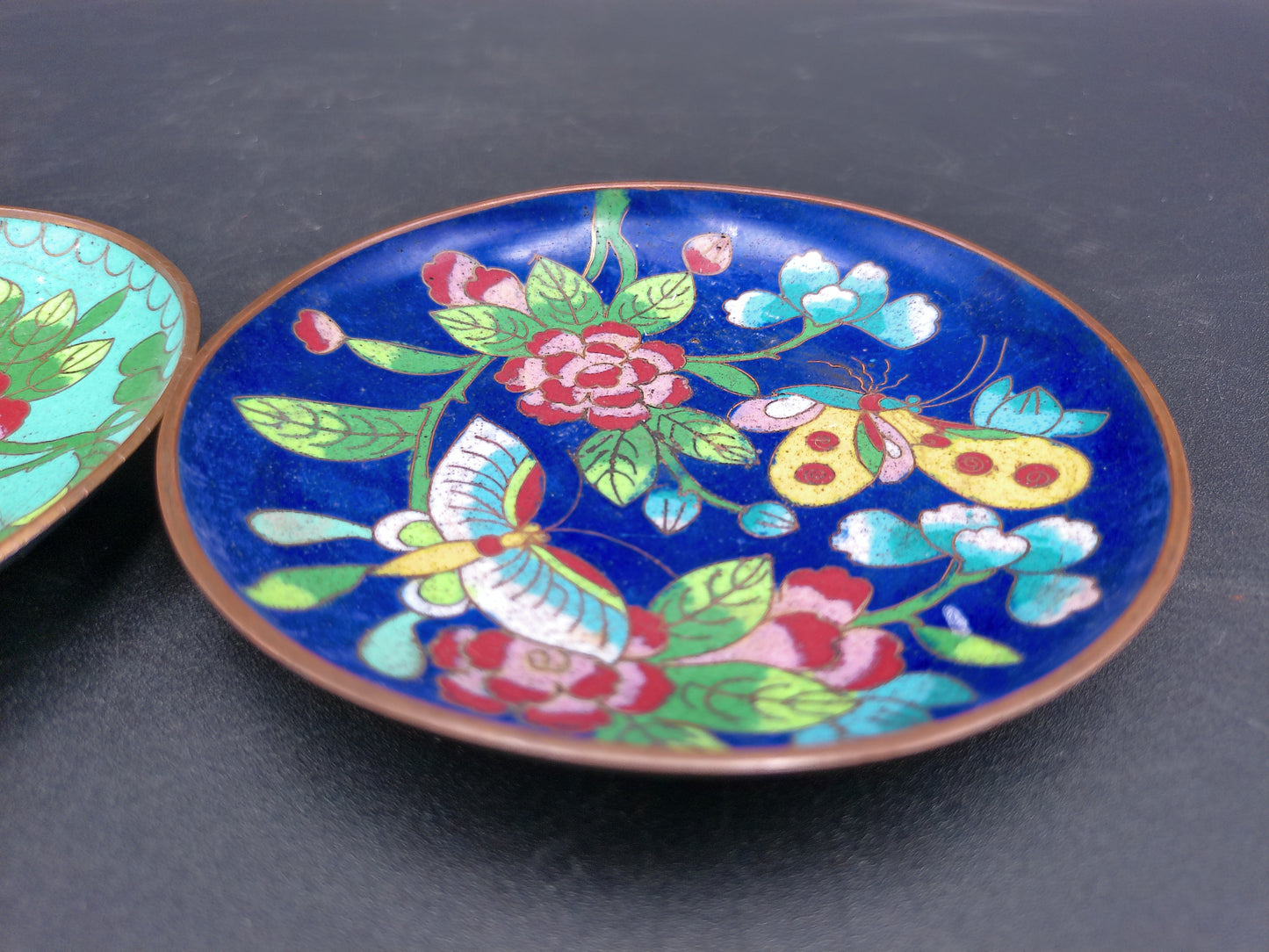 Cloisonné Trinket Dish Floral Design  2.75” Blue & Gold Enamel Lot of 2 miniature Plate