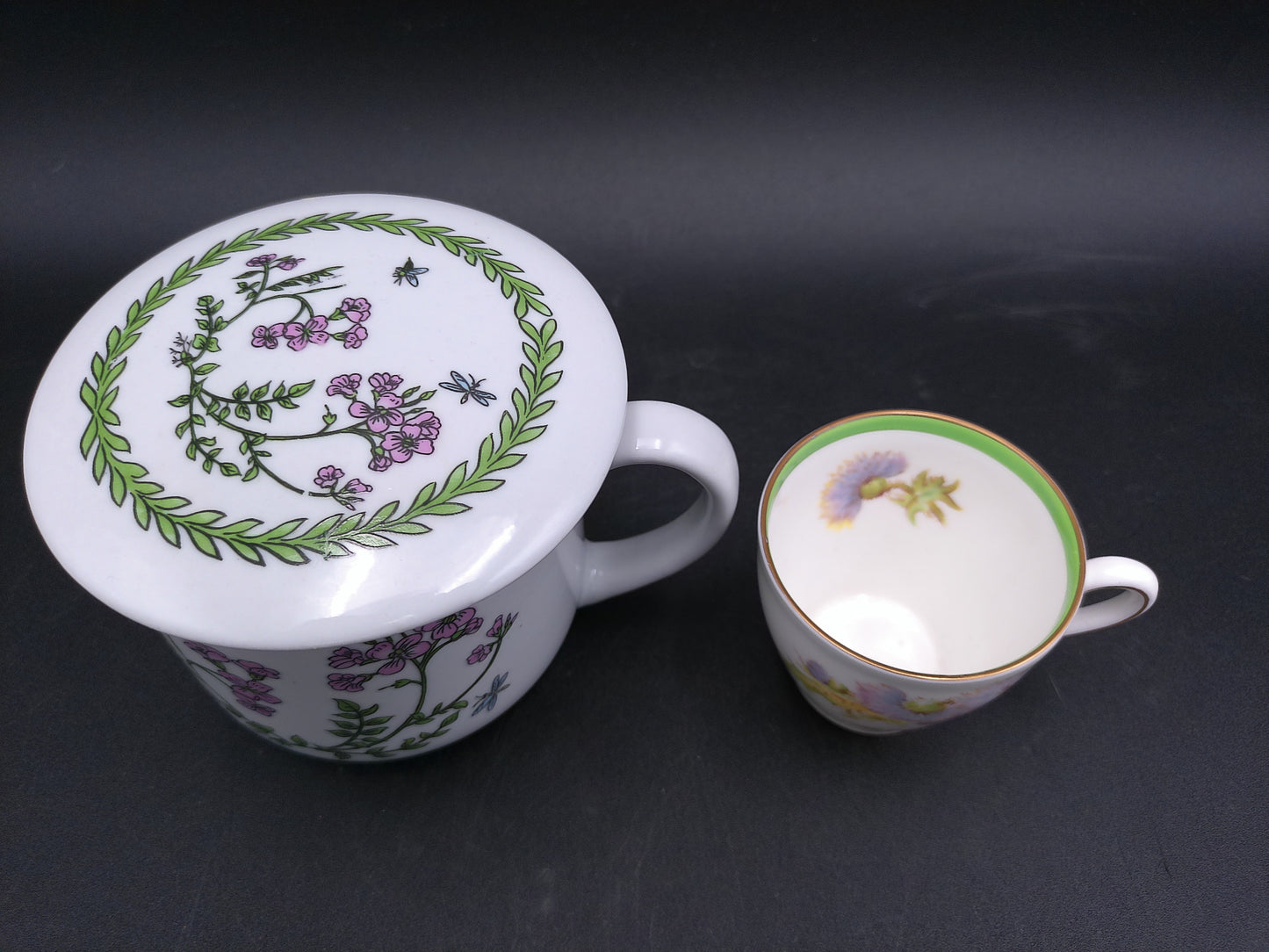 China Infuser Porcelain Tea Cup Mug Floral and Royal Doulton Glamis Thhistle Pattern cup