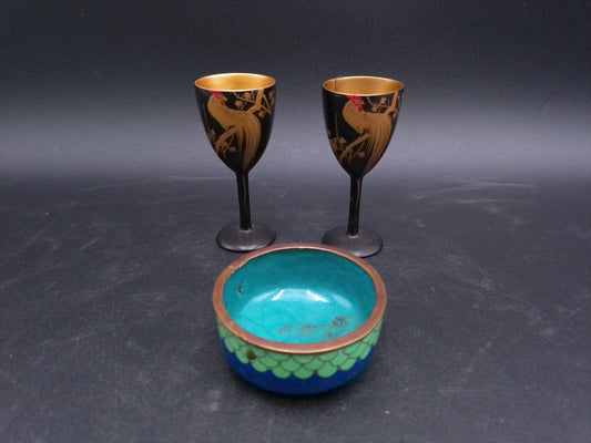 Japanese Gold Leaf Onagadori Rooster Black Lacquer Ware Stemware  Golden (24 Kt gilded)
