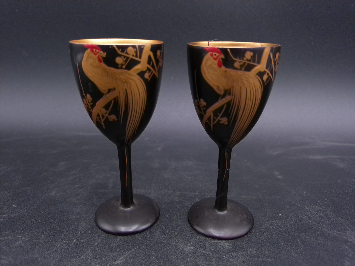 Japanese Gold Leaf Onagadori Rooster Black Lacquer Ware Stemware  Golden (24 Kt gilded)