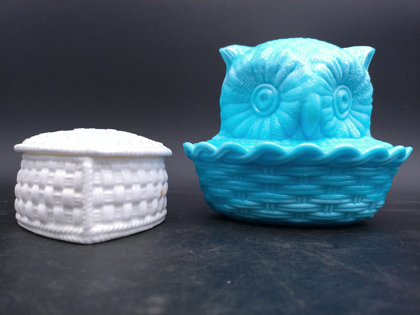 Blue Milk Glass Owl Collection Wright Challinor Taylor and Co and Tiffany Case HeartShaped