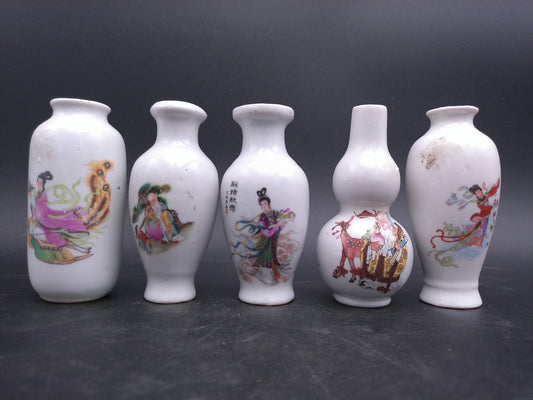 Chinese Lot of 5 Vases 1 is santa  Oriental Porcelain Vases Hand Painted Vintage