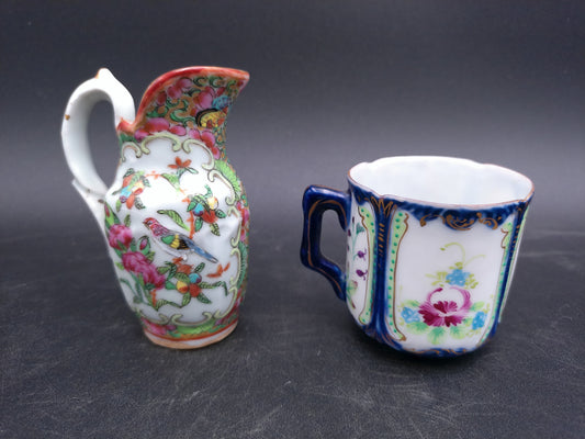 Chinese Floral and Birds Colorful Creamer Pitcher gold rim and vintage coffee tea cup
