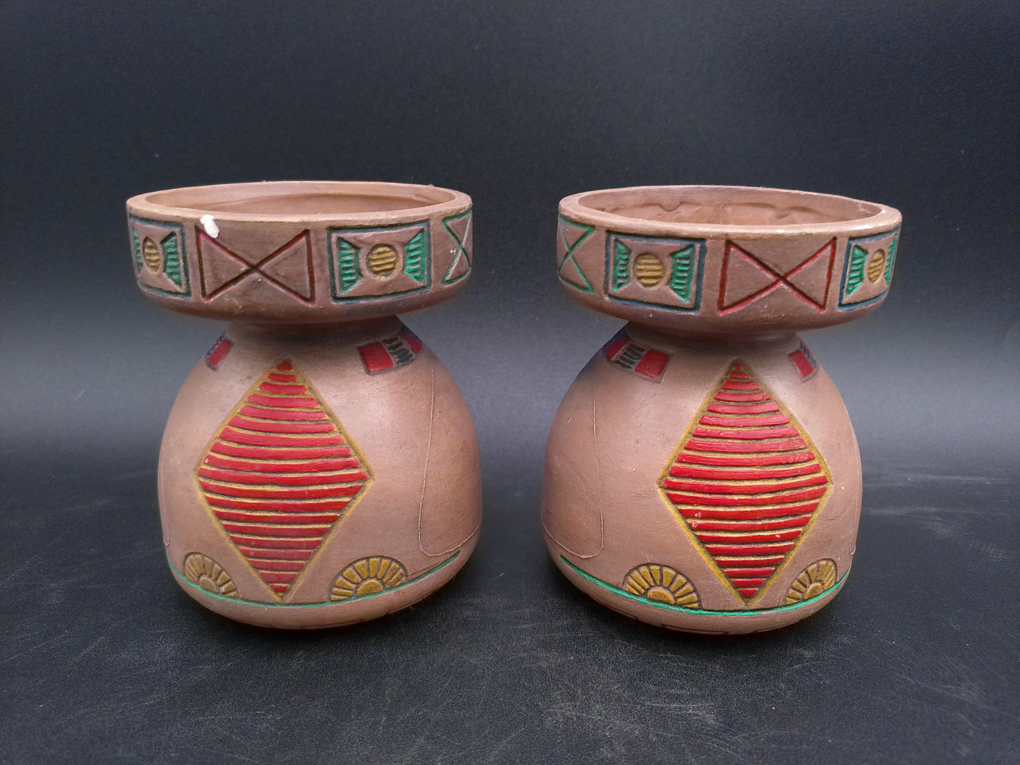 Native American Style Small Pottery qty 2 Vase Pot Candle holder  Artist Signed