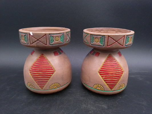 Native American Style Small Pottery qty 2 Vase Pot Candle holder  Artist Signed