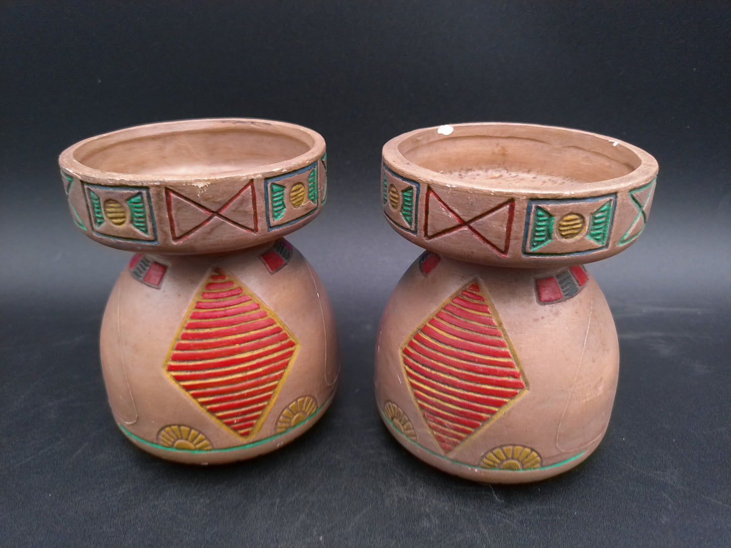 Native American Style Small Pottery qty 2 Vase Pot Candle holder  Artist Signed