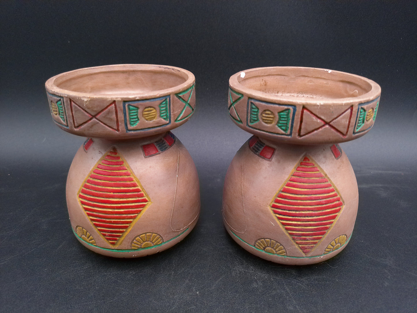 Native American Style Small Pottery qty 2 Vase Pot Candle holder  Artist Signed