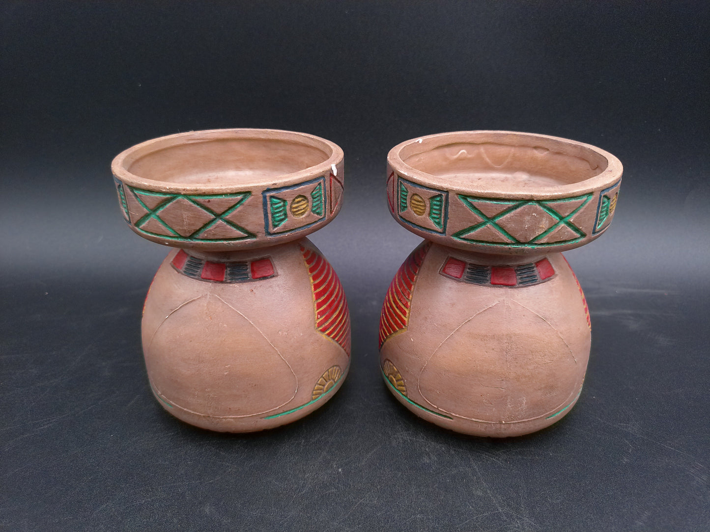 Native American Style Small Pottery qty 2 Vase Pot Candle holder  Artist Signed
