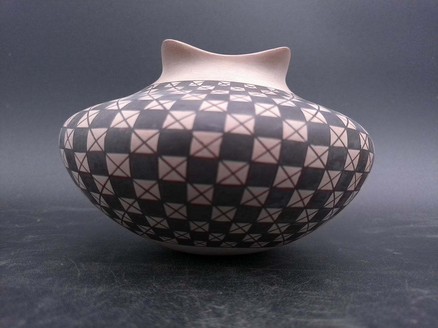 Clay Geometric Vase Mata Ortiz Pottery Signed by Artist Olga Quezada