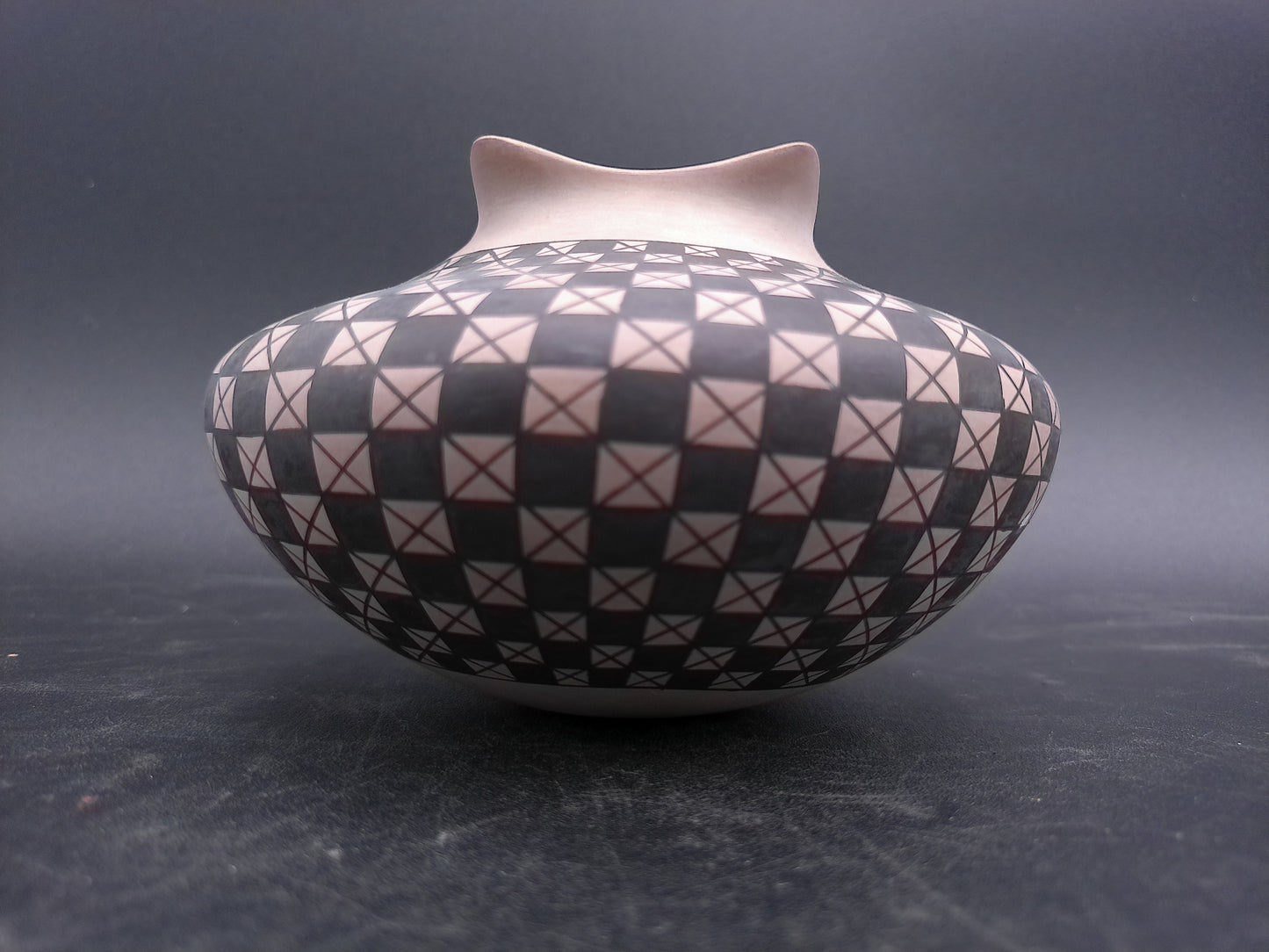 Clay Geometric Vase Mata Ortiz Pottery Signed by Artist Olga Quezada