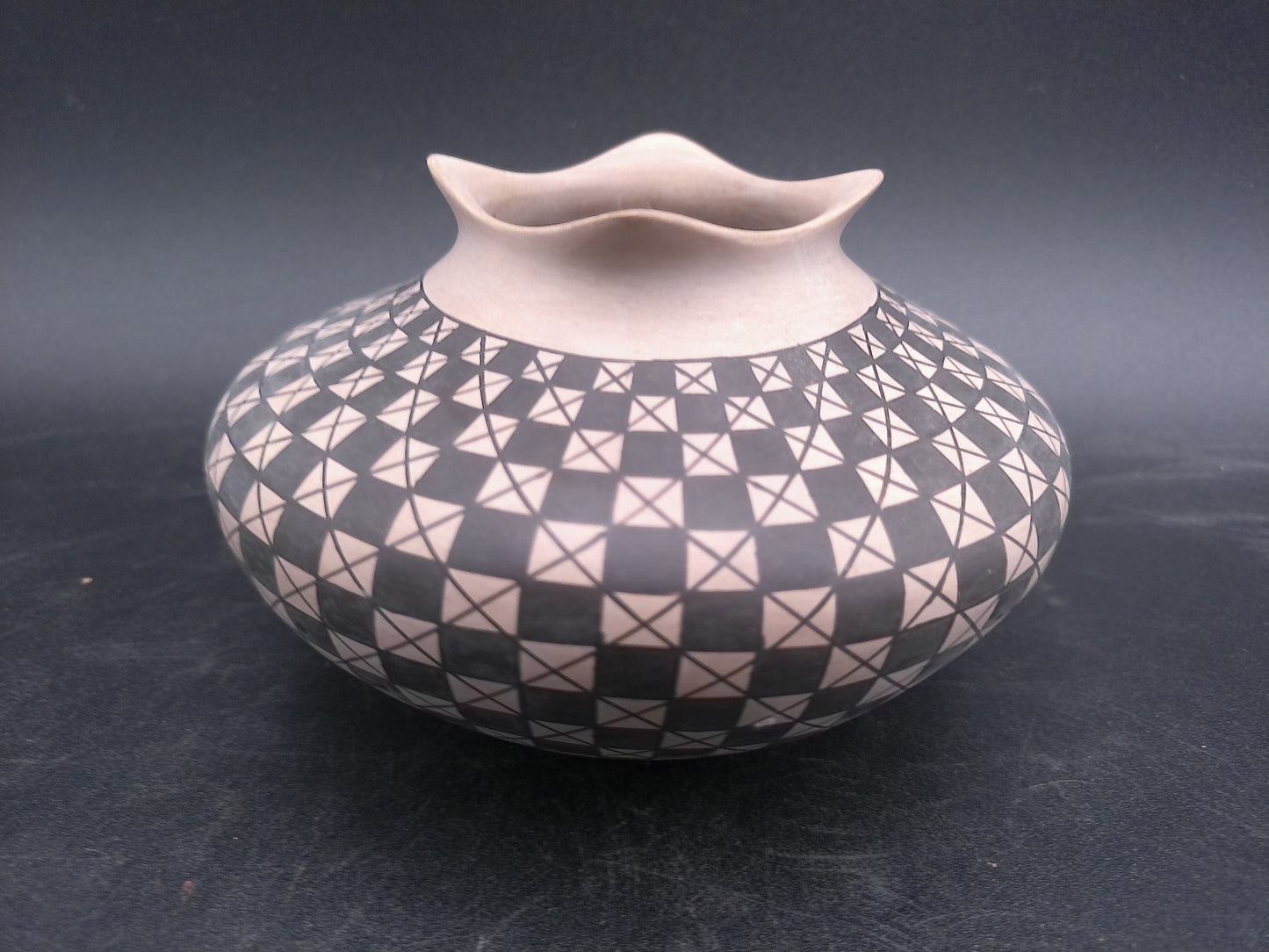 Clay Geometric Vase Mata Ortiz Pottery Signed by Artist Olga Quezada