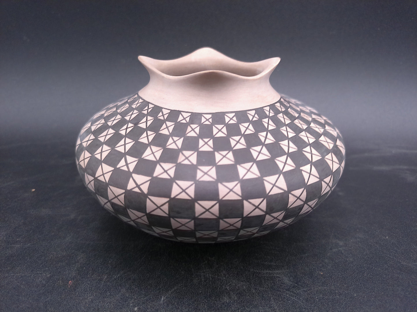 Clay Geometric Vase Mata Ortiz Pottery Signed by Artist Olga Quezada
