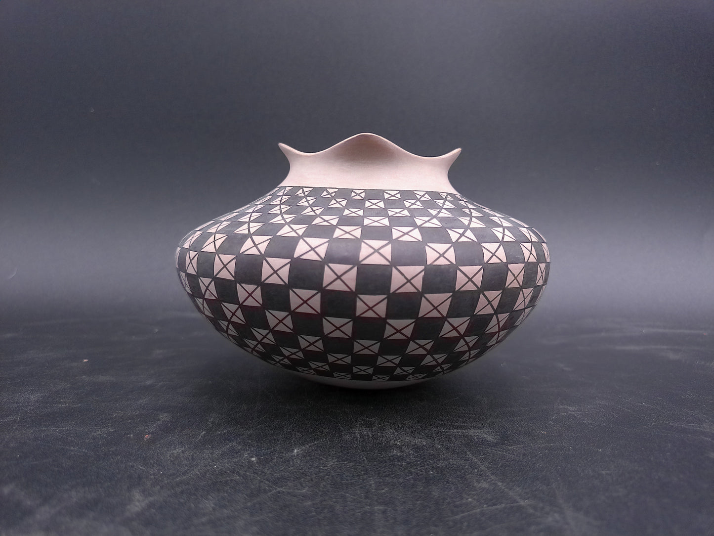 Clay Geometric Vase Mata Ortiz Pottery Signed by Artist Olga Quezada
