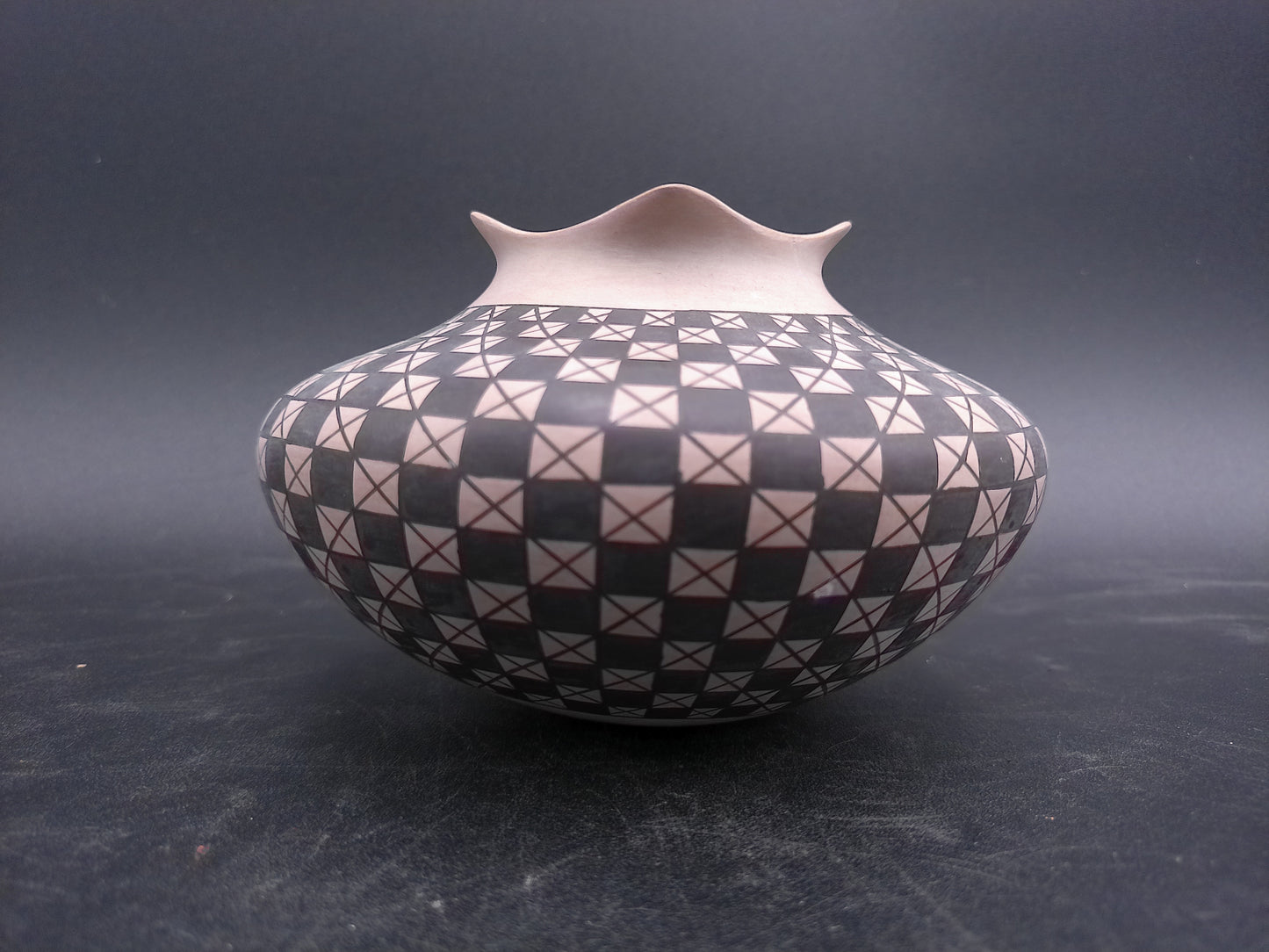 Clay Geometric Vase Mata Ortiz Pottery Signed by Artist Olga Quezada