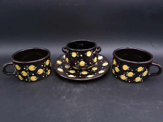 Pottery Sugar Bowl Hungarian Majolika Majolica Vintage & 2 cups