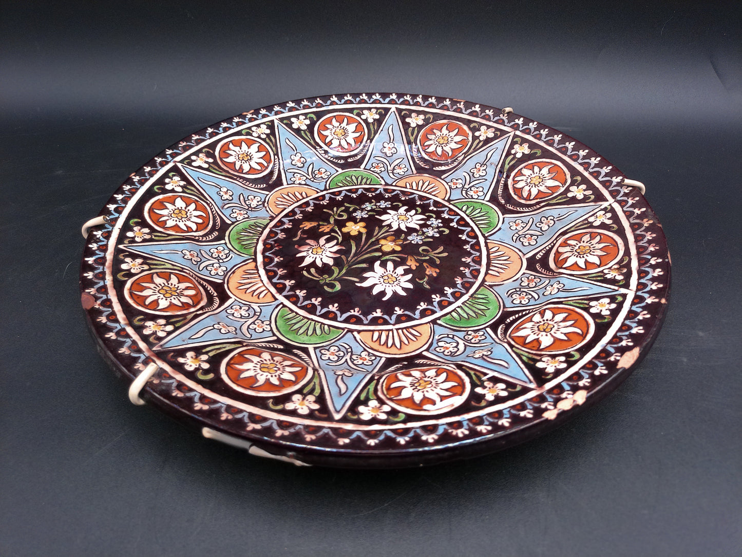 Hand Painted Enamel On Wire Hanging Plate Floral Design