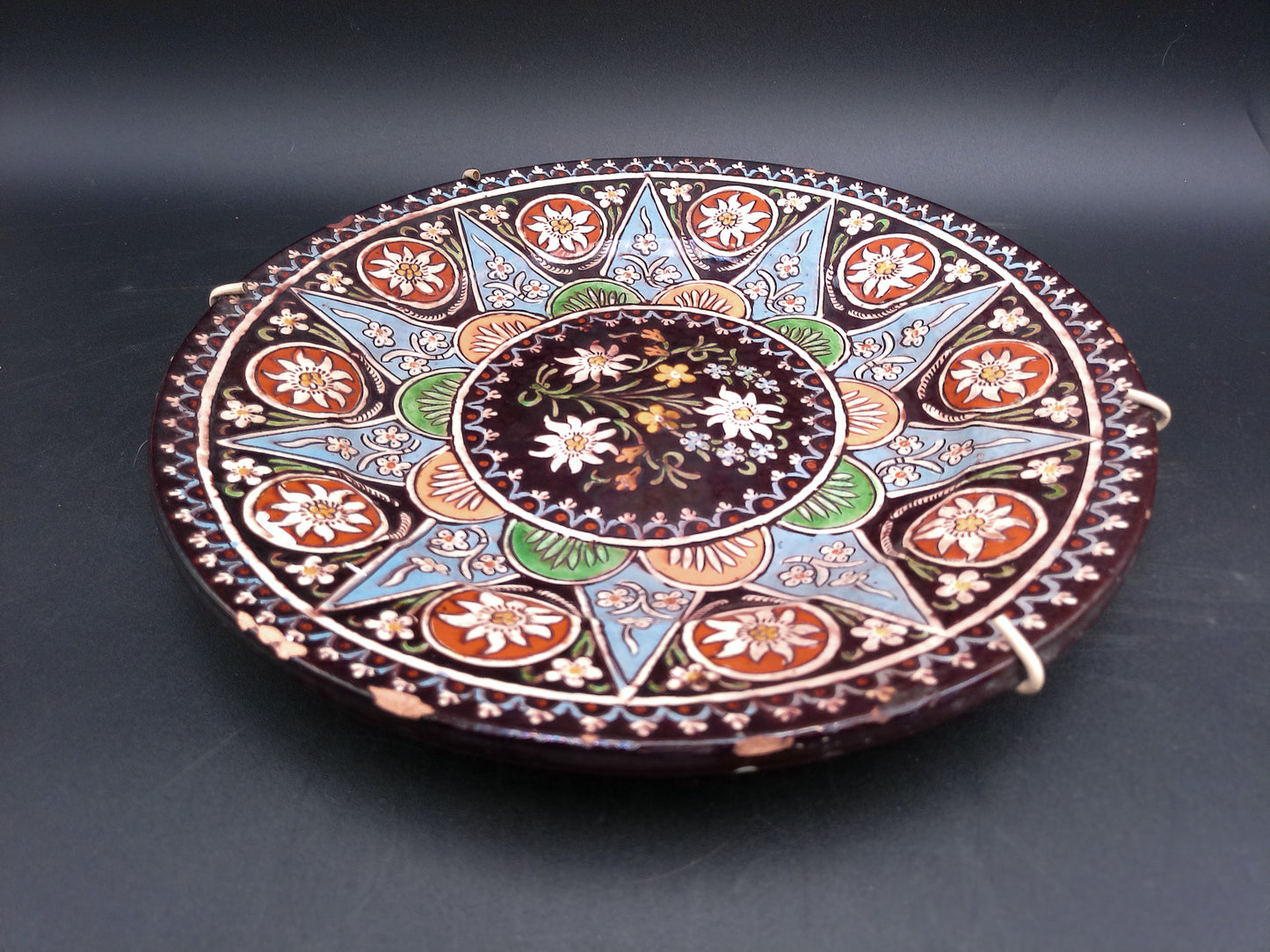 Hand Painted Enamel On Wire Hanging Plate Floral Design