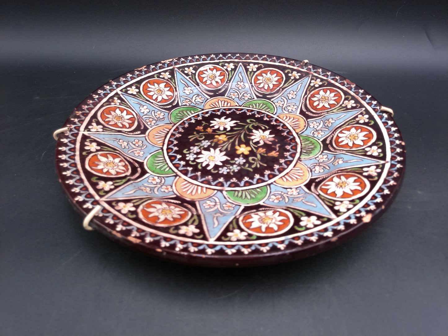 Hand Painted Enamel On Wire Hanging Plate Floral Design
