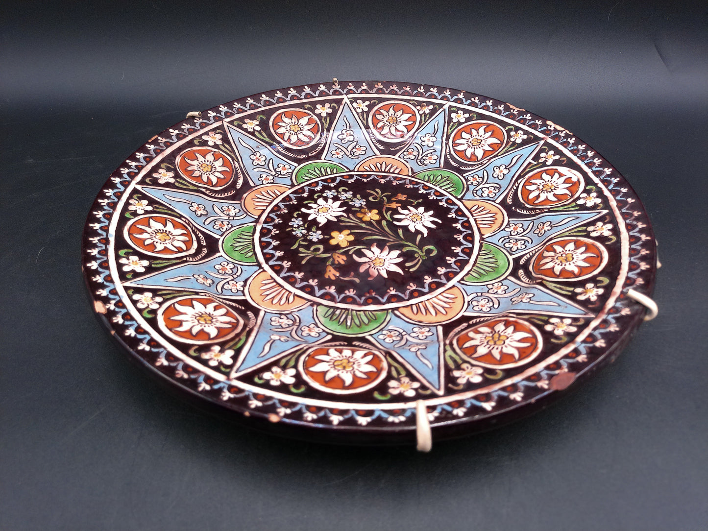 Hand Painted Enamel On Wire Hanging Plate Floral Design