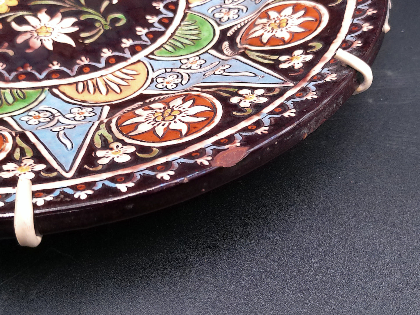 Hand Painted Enamel On Wire Hanging Plate Floral Design