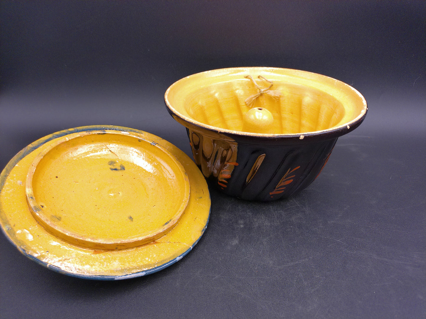 Hand Painted Enamel French Pottery Jelly or Cake Mold