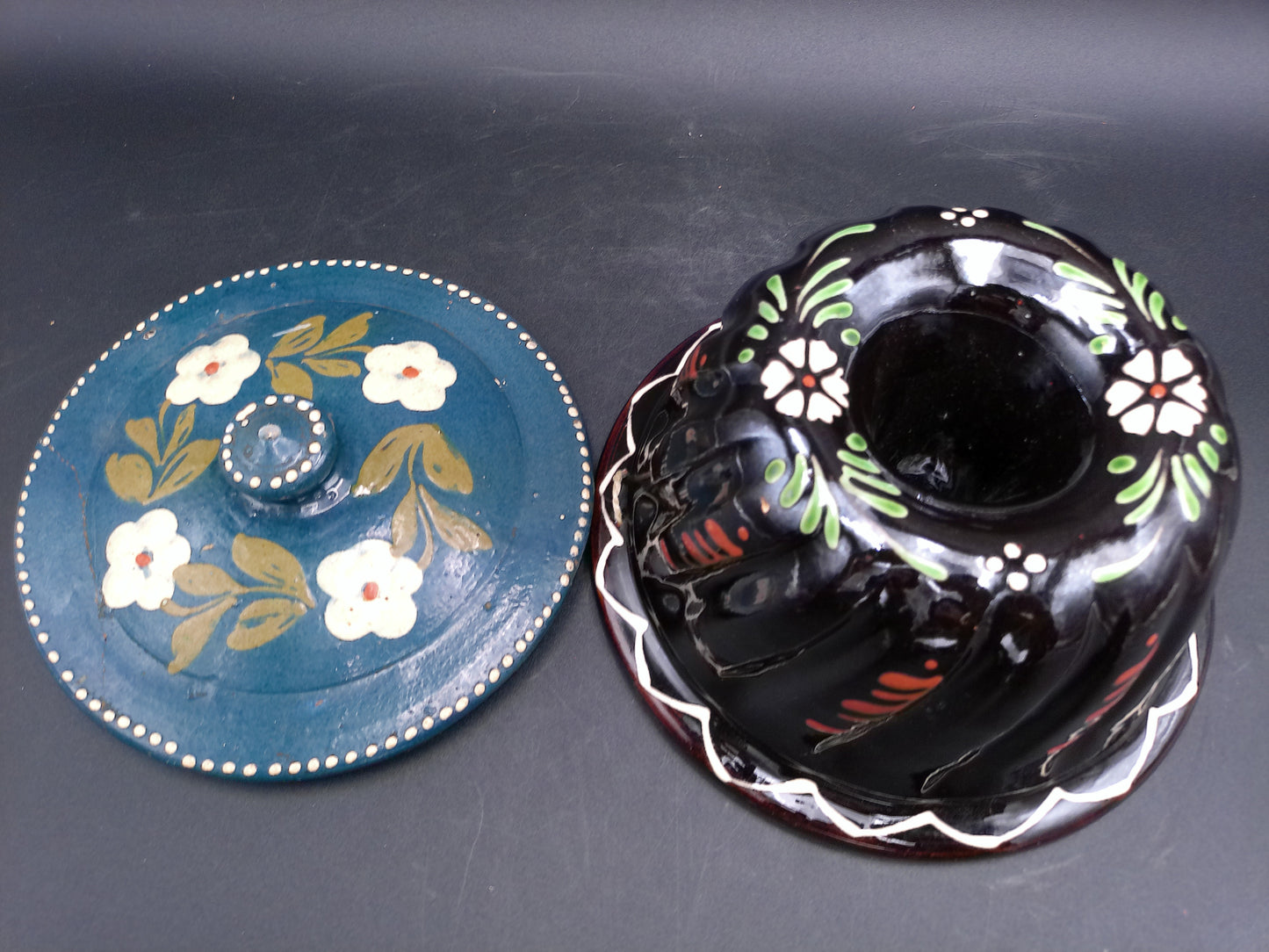 Hand Painted Enamel French Pottery Jelly or Cake Mold