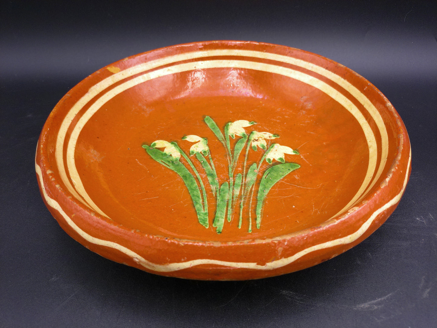 Hand Painted Antique Shallow Serving Bowl Green and White Flowers